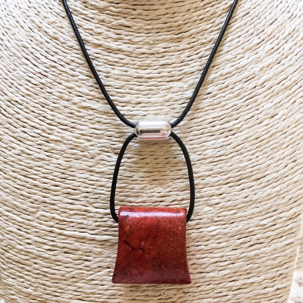 Coral Nuget, silver, leather necklace- Silpada